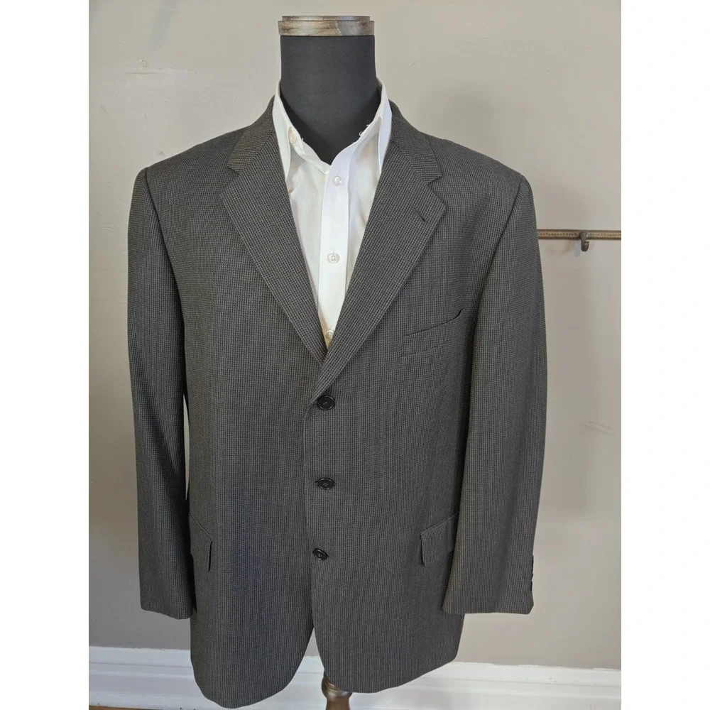 Joseph Abboud 46R Brown Blue Check Wool Silk Sport Coat Blazer 3 Button USA H605